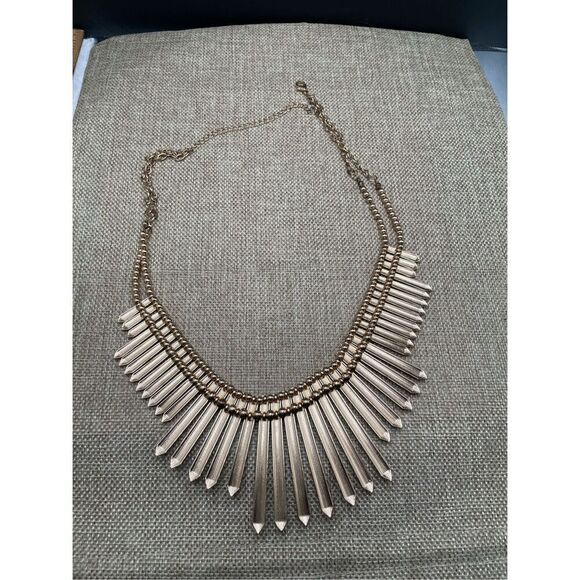 Modernist Gold Spike Geometric Bib Statement Runway Necklace Double Chain - Picture 5 of 9